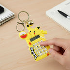 Cartoon keychain calculator with bright yellow character and metal ring bell charm