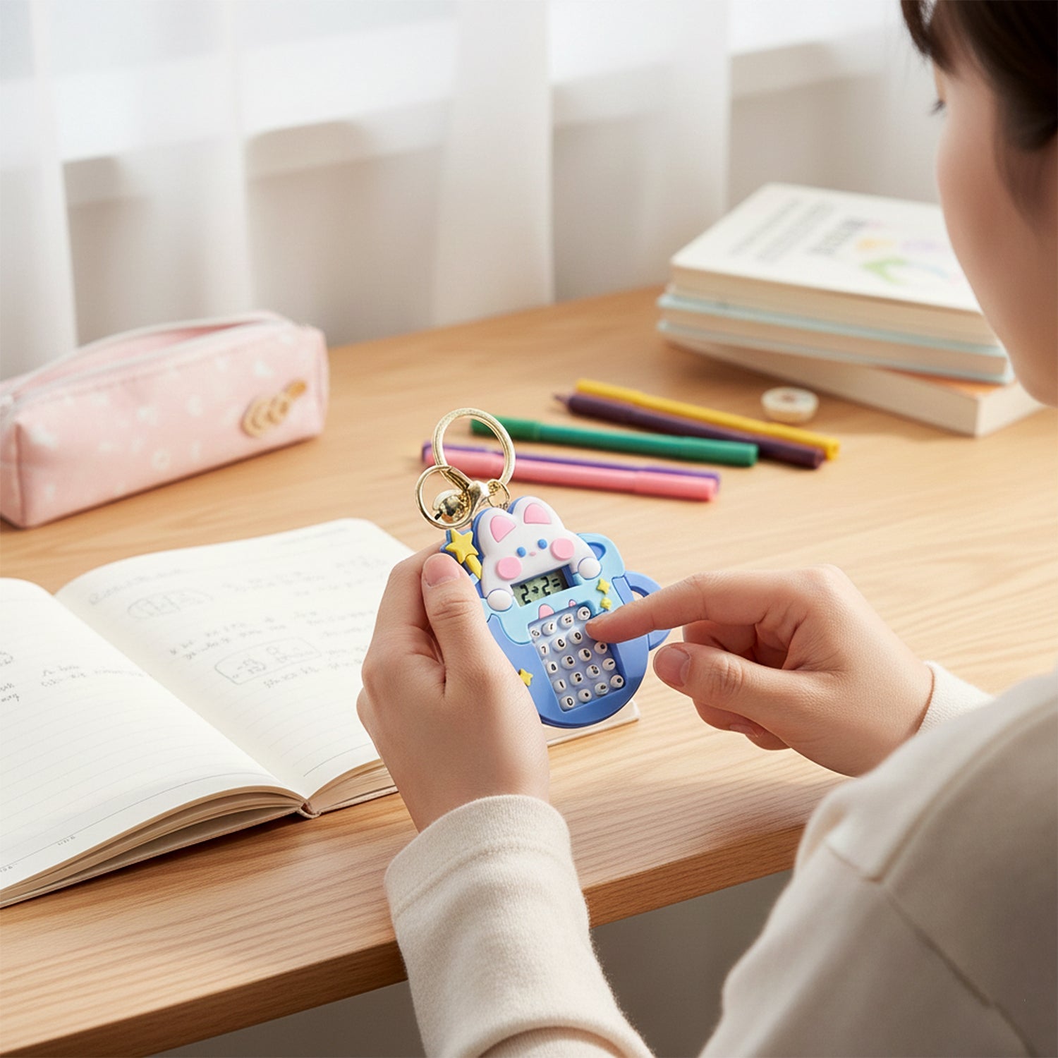 Calculator keychain showing metal key ring and silicone body