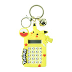 Metal key ring attached to calculator keychain with cute cartoon design and bell charm