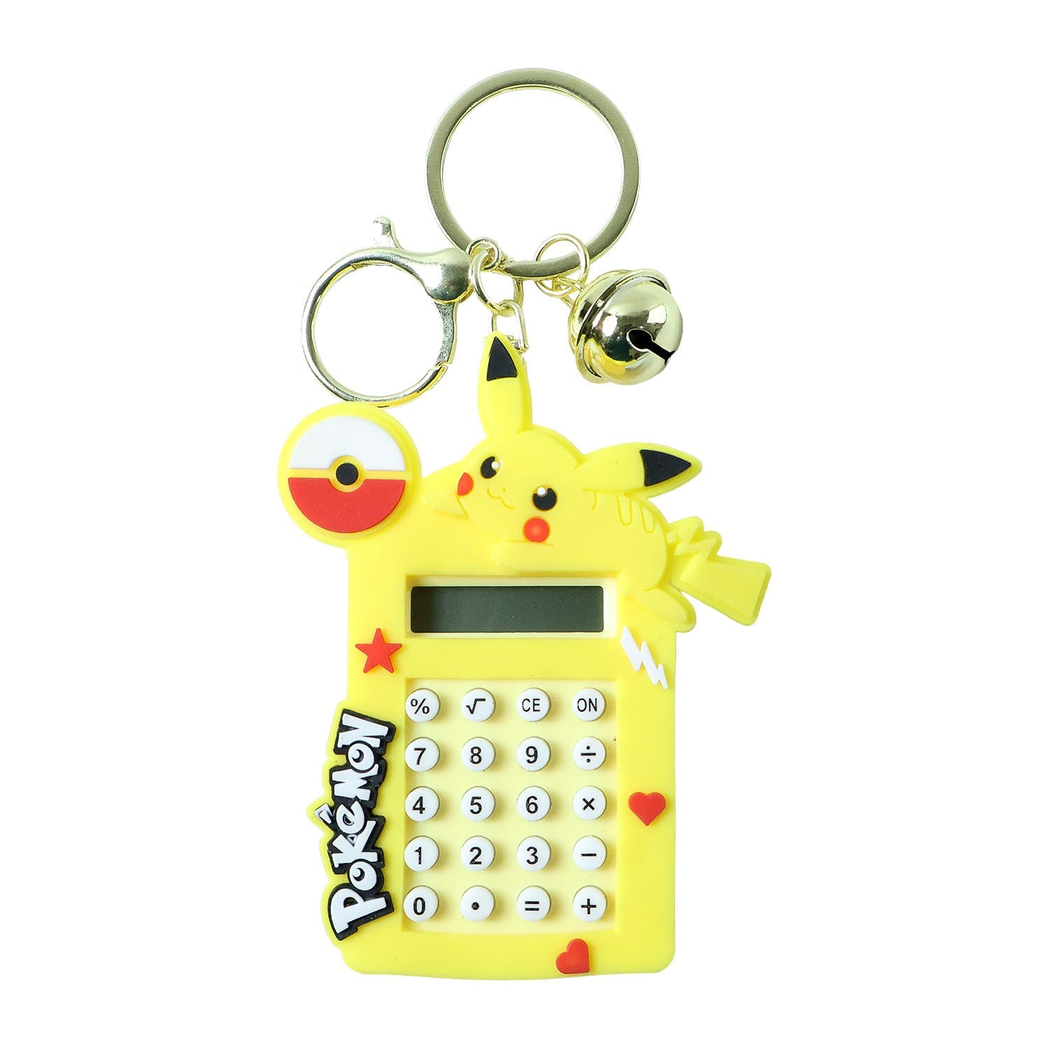 Metal key ring attached to calculator keychain with cute cartoon design and bell charm
