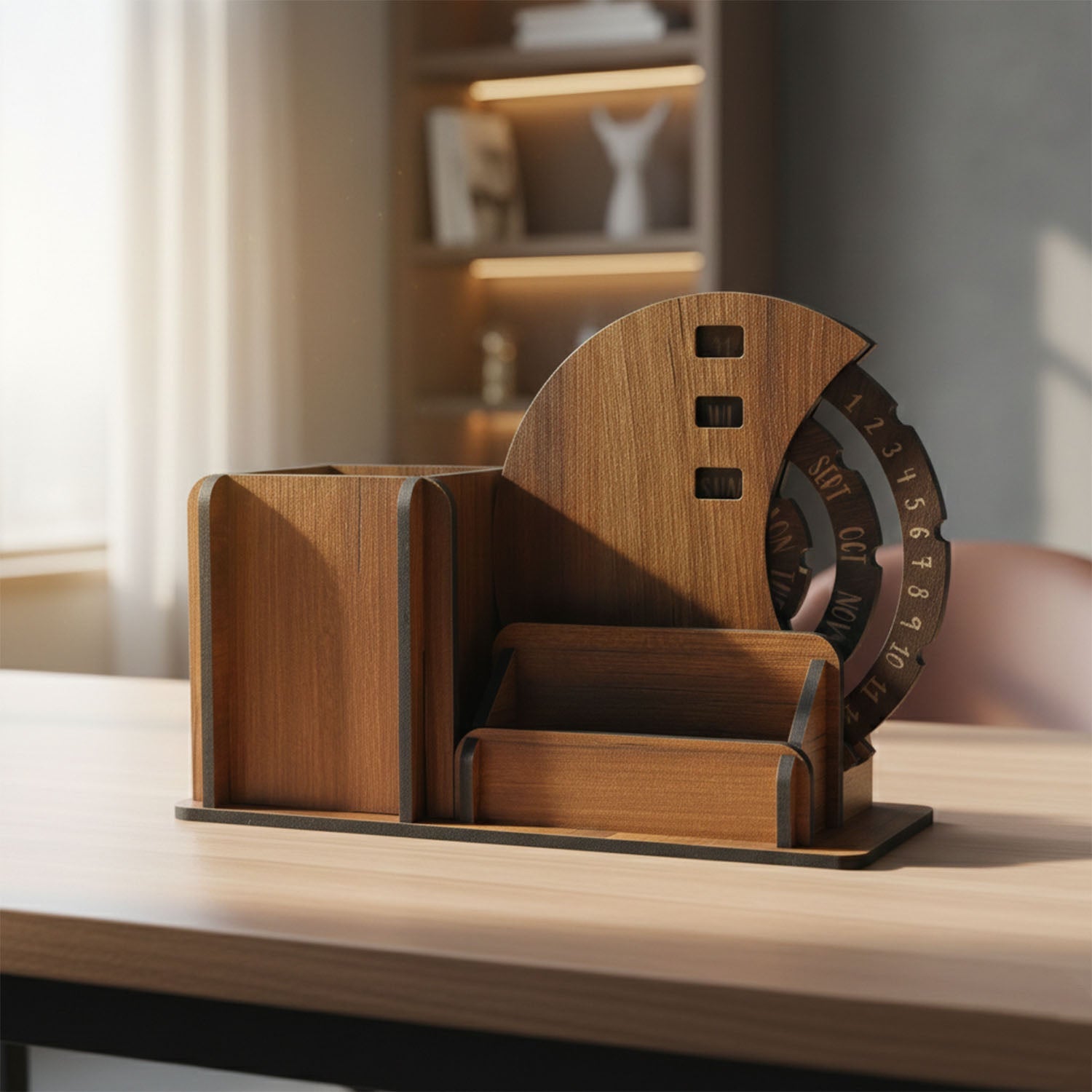 Multi-function wooden pen holder with business card slot and calendar wheel