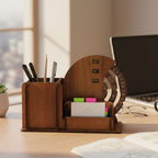 Front view of wooden office desk organizer with compartments