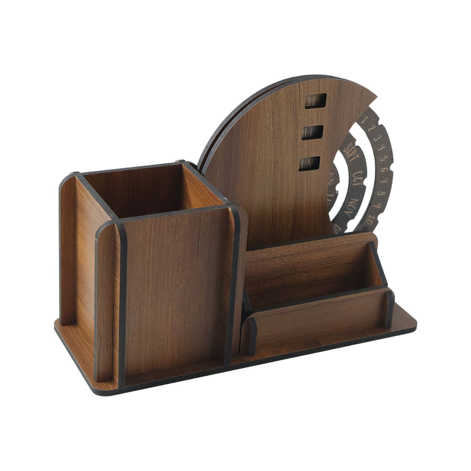 Close up of rotating calendar wheel on wooden desk organizer