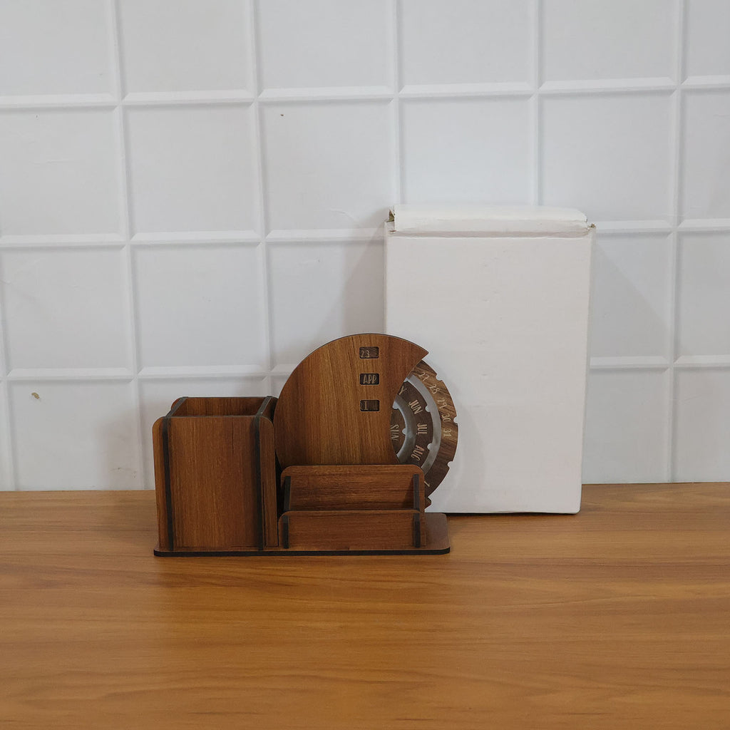 Wooden desk organizer with calendar wheel and multi compartments on desk