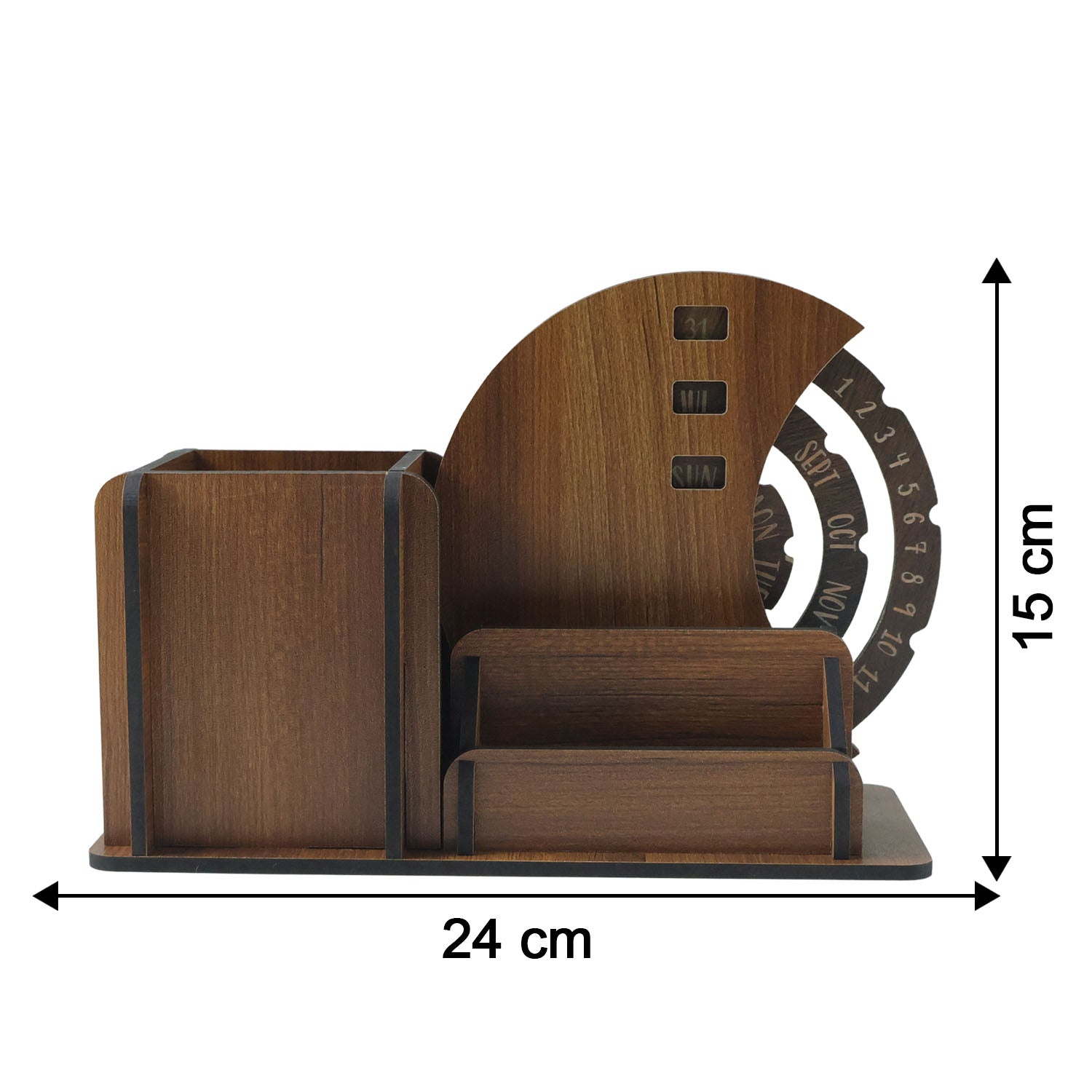 Wooden desk organizer size display with length and width