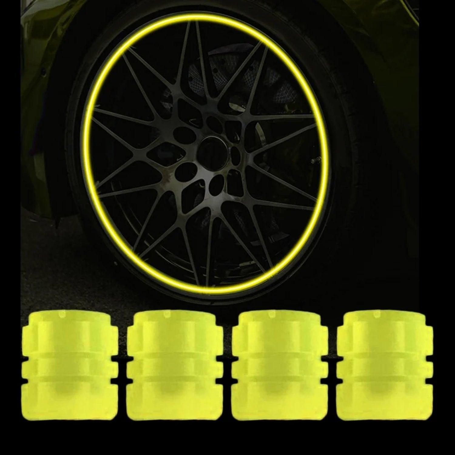 Set of four fluorescent green valve stem caps