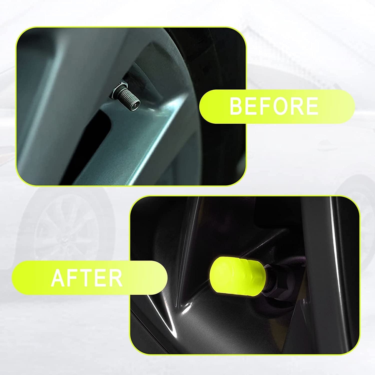 Luminous valve cap glowing brightly in the dark, enhancing vehicle visibility.