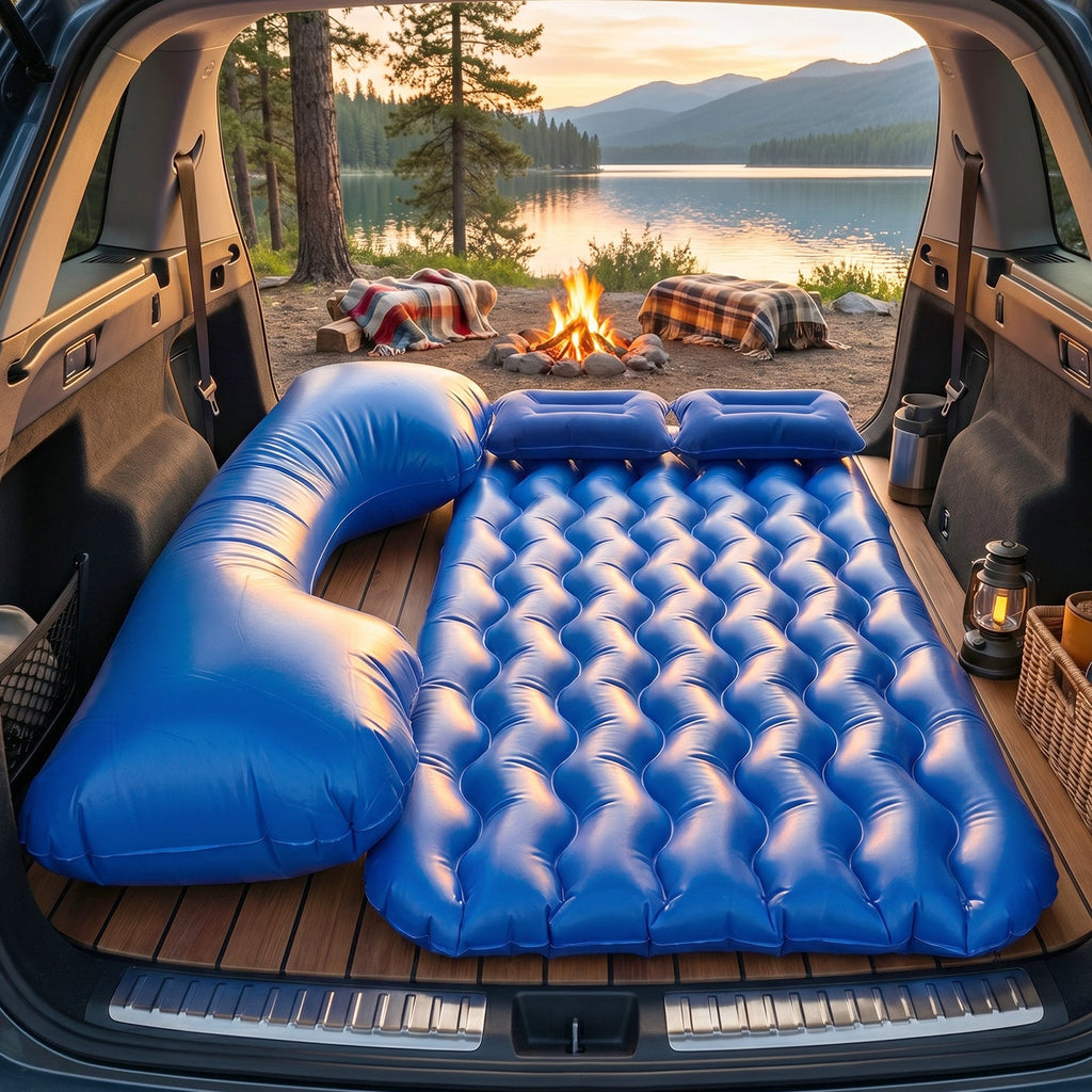 Inflated car sleeping bed in vehicle interior
