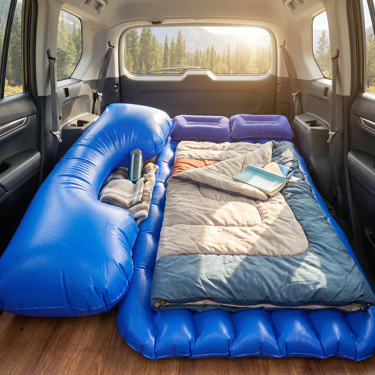 Inflatable car bed for rear seat comfort