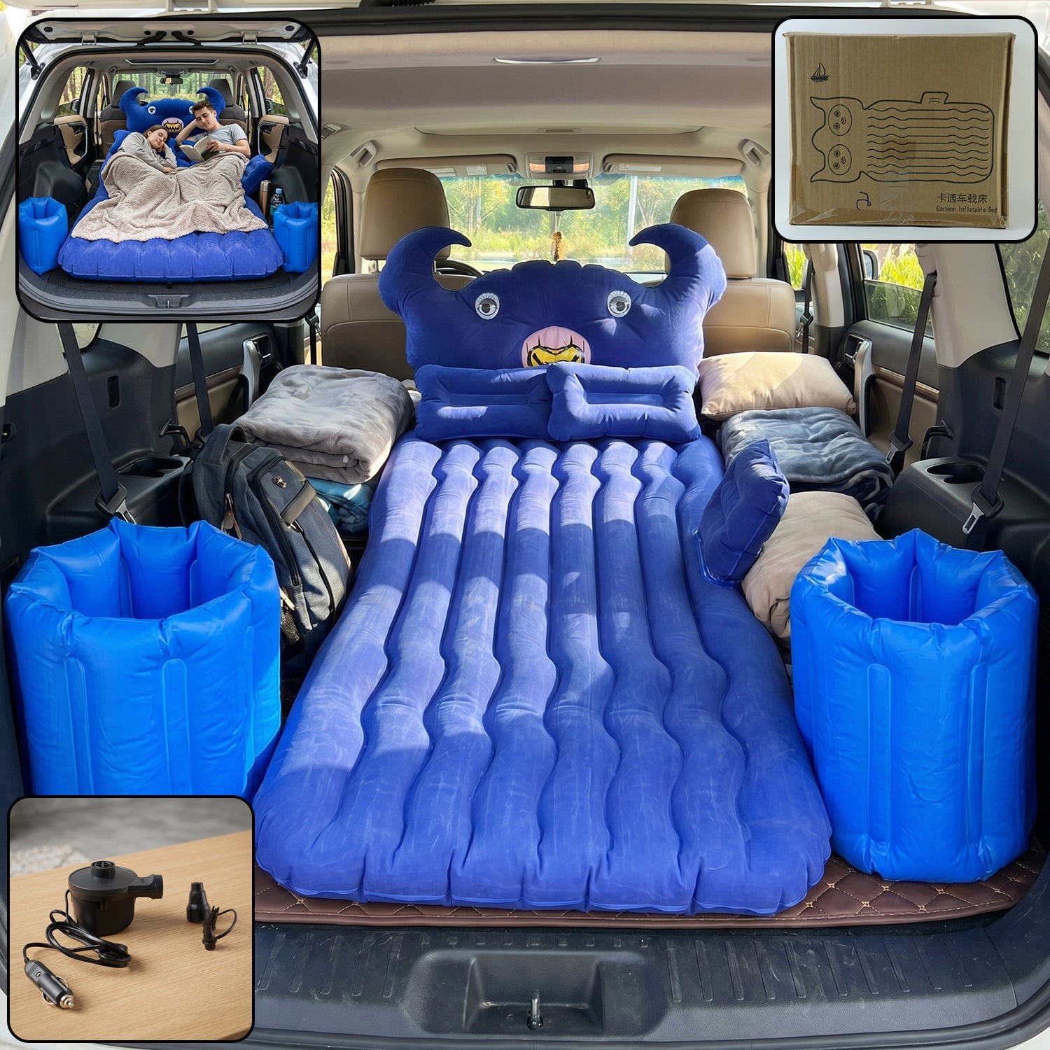 Blue inflatable car mattress on back seat with cushions for travel comfort