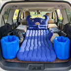 Inflatable car mattress with pump and cushions in blue, suitable for most cars
