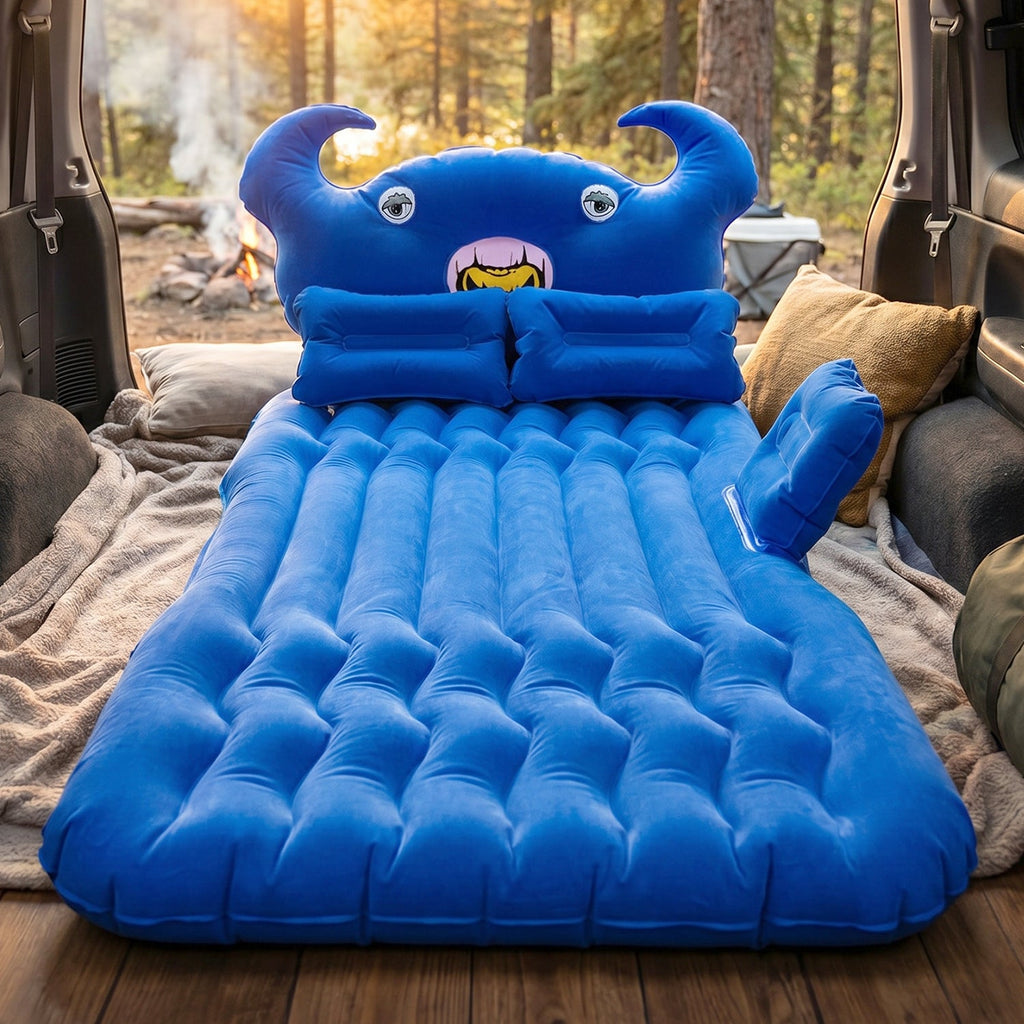 Compact foldable inflatable car mattress stored in luggage