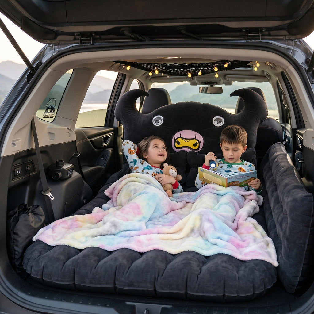 Deflated car air mattress with cushions laid out