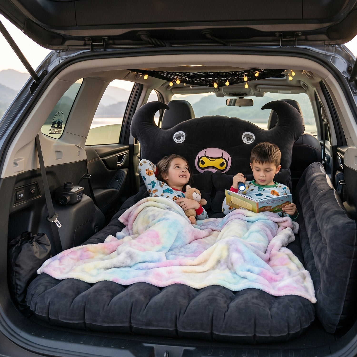 Deflated car air mattress with cushions laid out