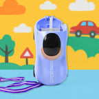 Side view of car shape kids water bottle with leakproof lid