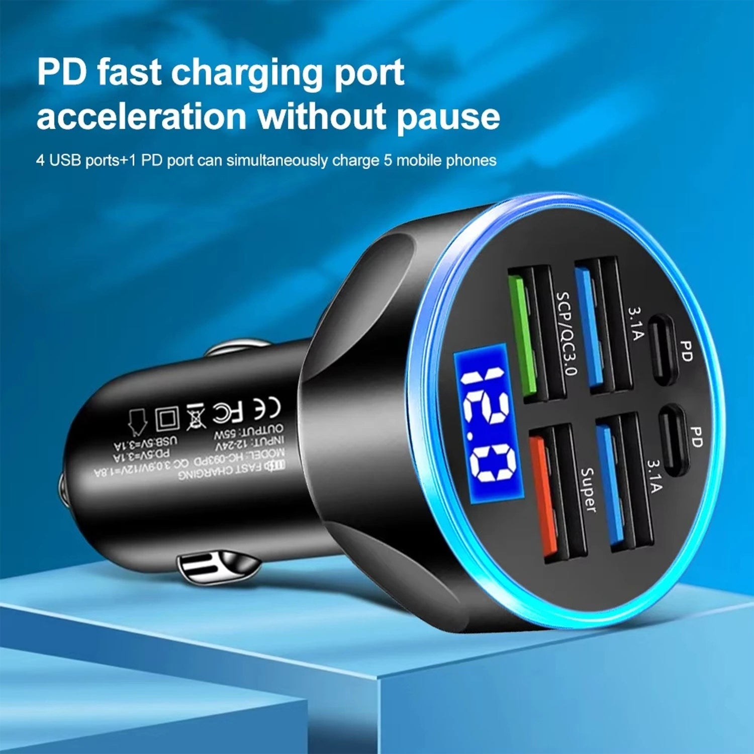 Detailed specs view of  multi-port car charger with smart IC technology