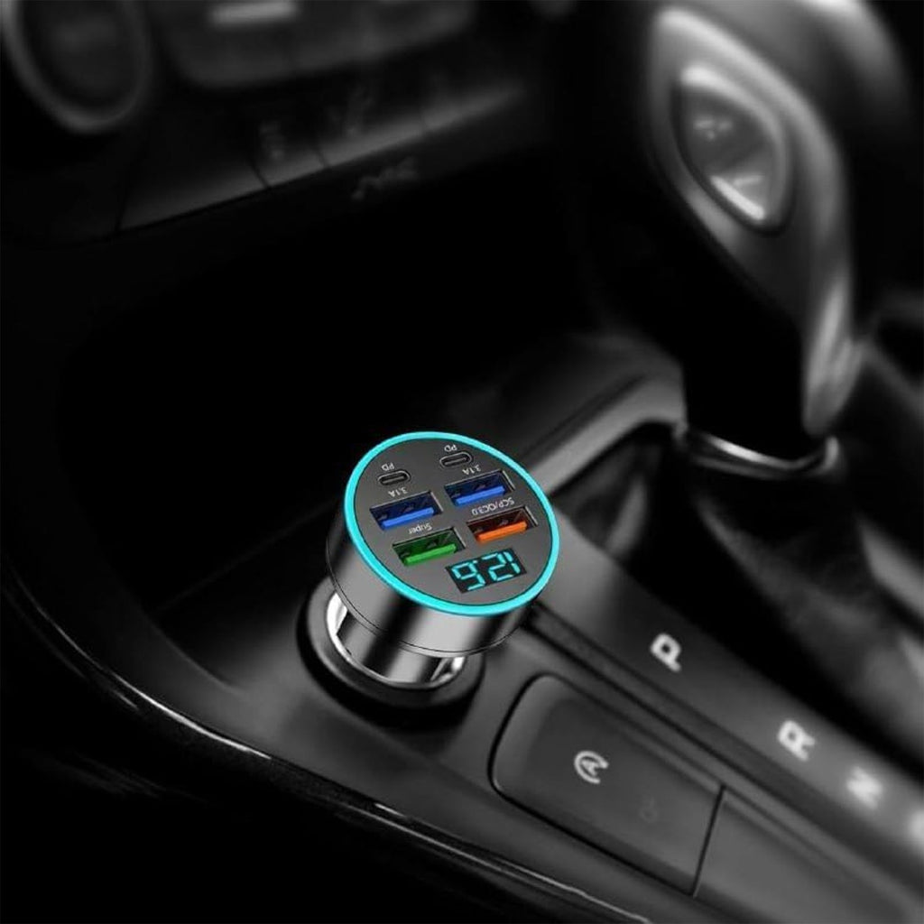 Comparison shot displaying features of multi-port USB car charger for vehicles