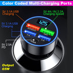 Angle view of 4 USB fast car charger compatible with 12V and 24V vehicles