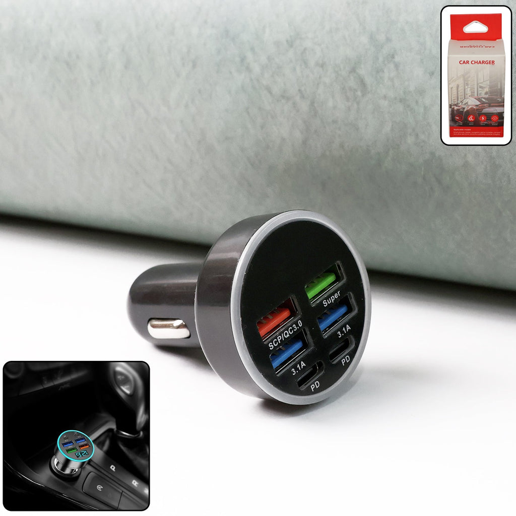 Multi-port car charger for 12V and 24V vehicles with 4 USB ports and LED ring indicator