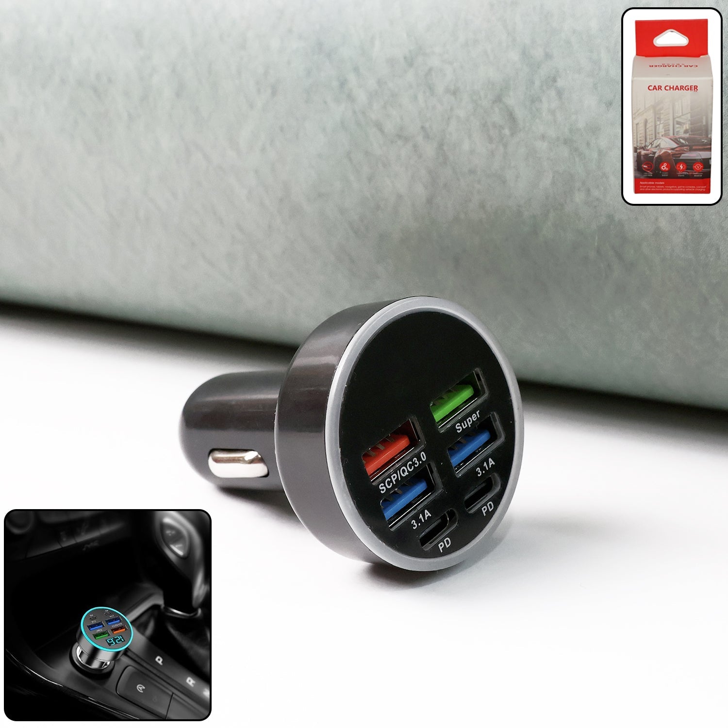 Multi-port car charger for 12V and 24V vehicles with 4 USB ports and LED ring indicator