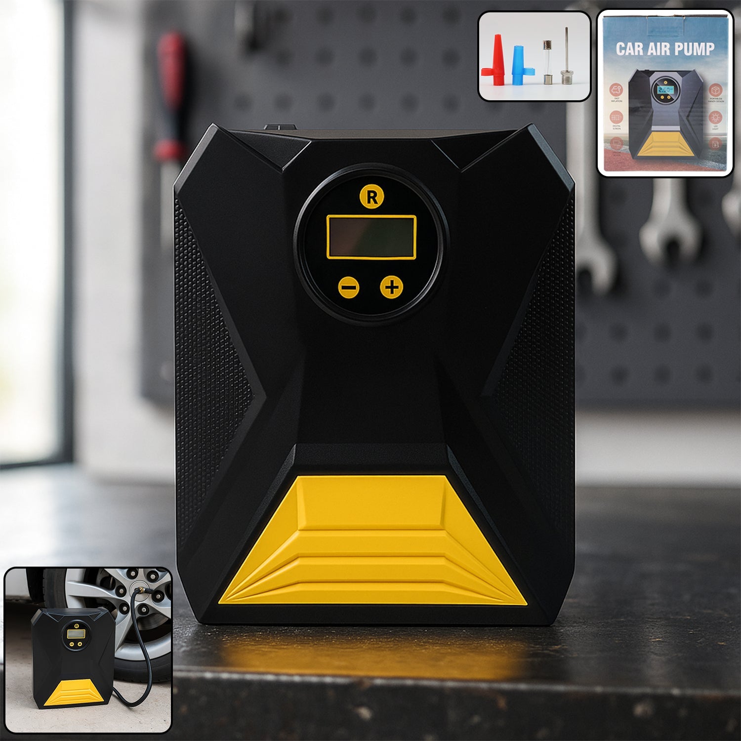 Mini digital portable car tyre air compressor front view showing LCD display