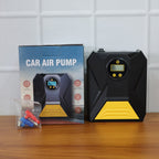 Mini digital portable car tyre air compressor operating during inflation