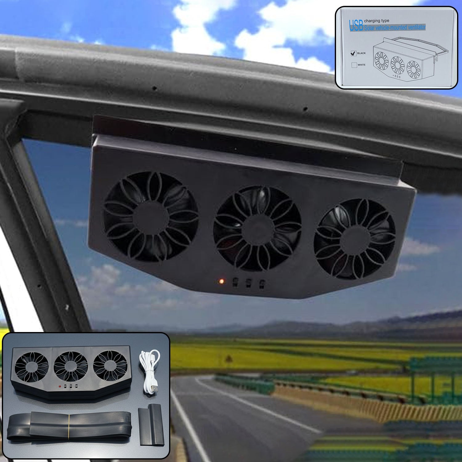 Triple fan car exhaust ventilation system mounted on car window for cooling