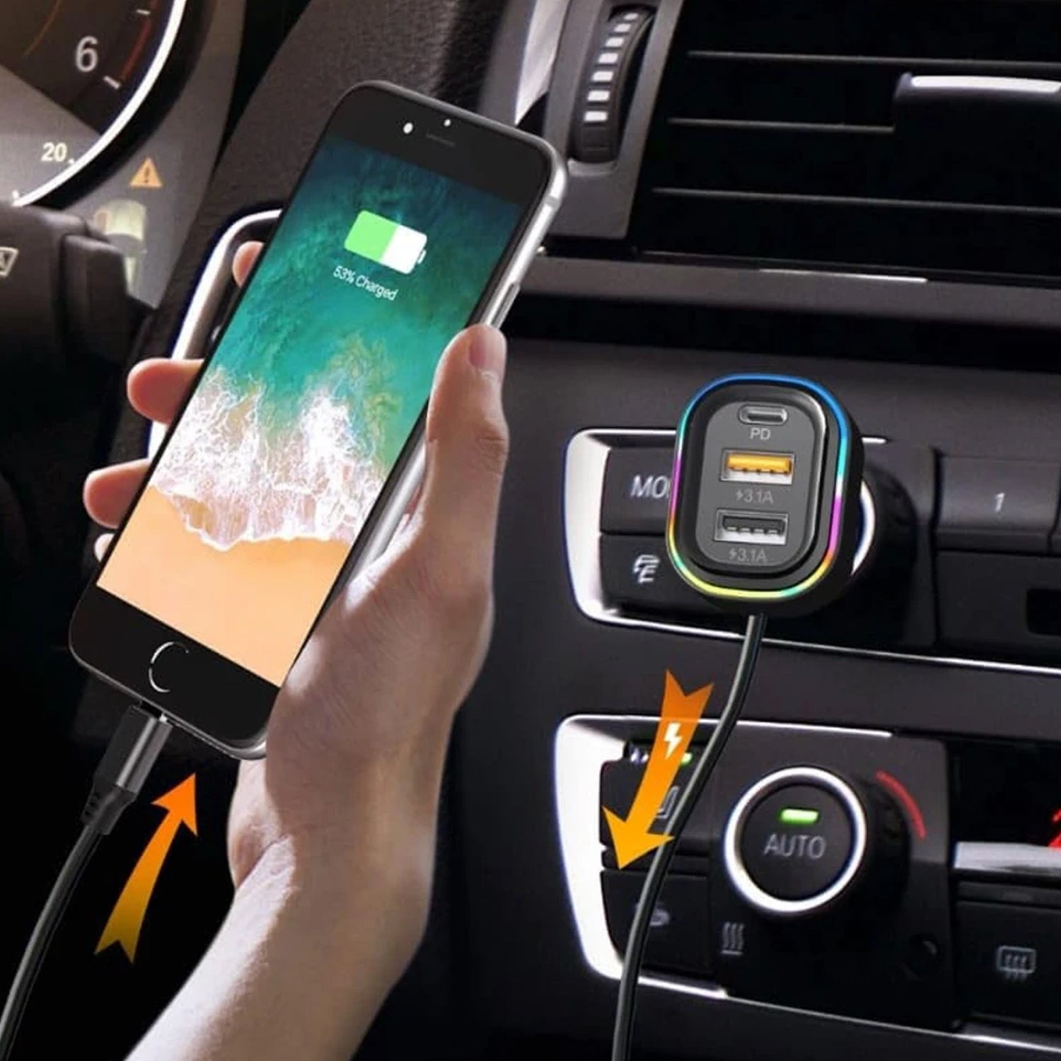 Car USB charger splitter featuring RGB breathing light