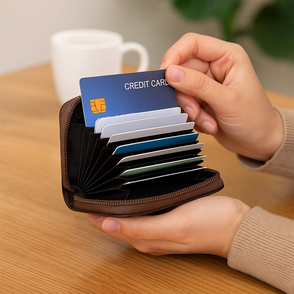 Side view of zip-around card holder wallet highlighting slim profile