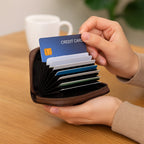 Side view of zip-around card holder wallet highlighting slim profile