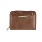 Close-up of smooth zip closure on compact card holder wallet