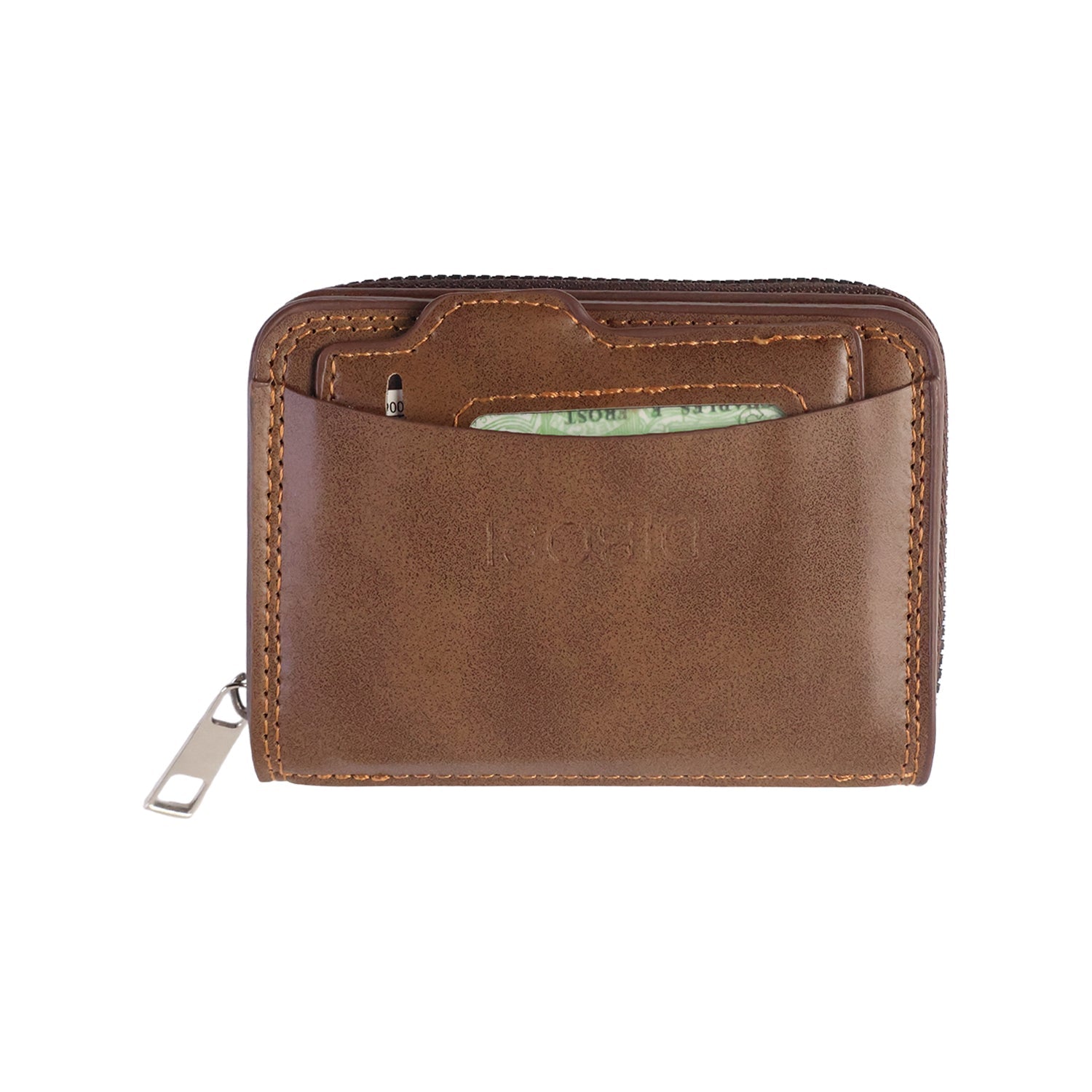 Close-up of smooth zip closure on compact card holder wallet