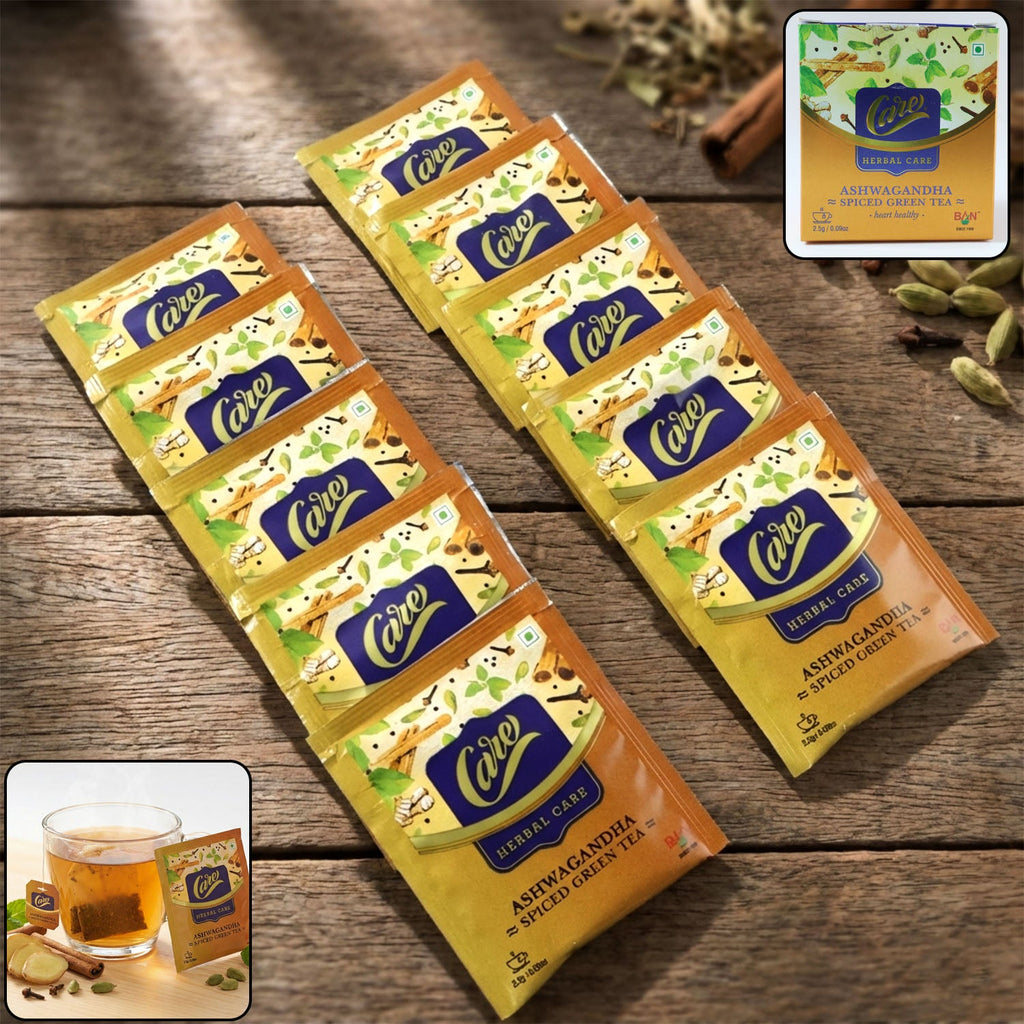 Ashwagandha Spiced Green Tea herbal infusion pack with 10 sachets