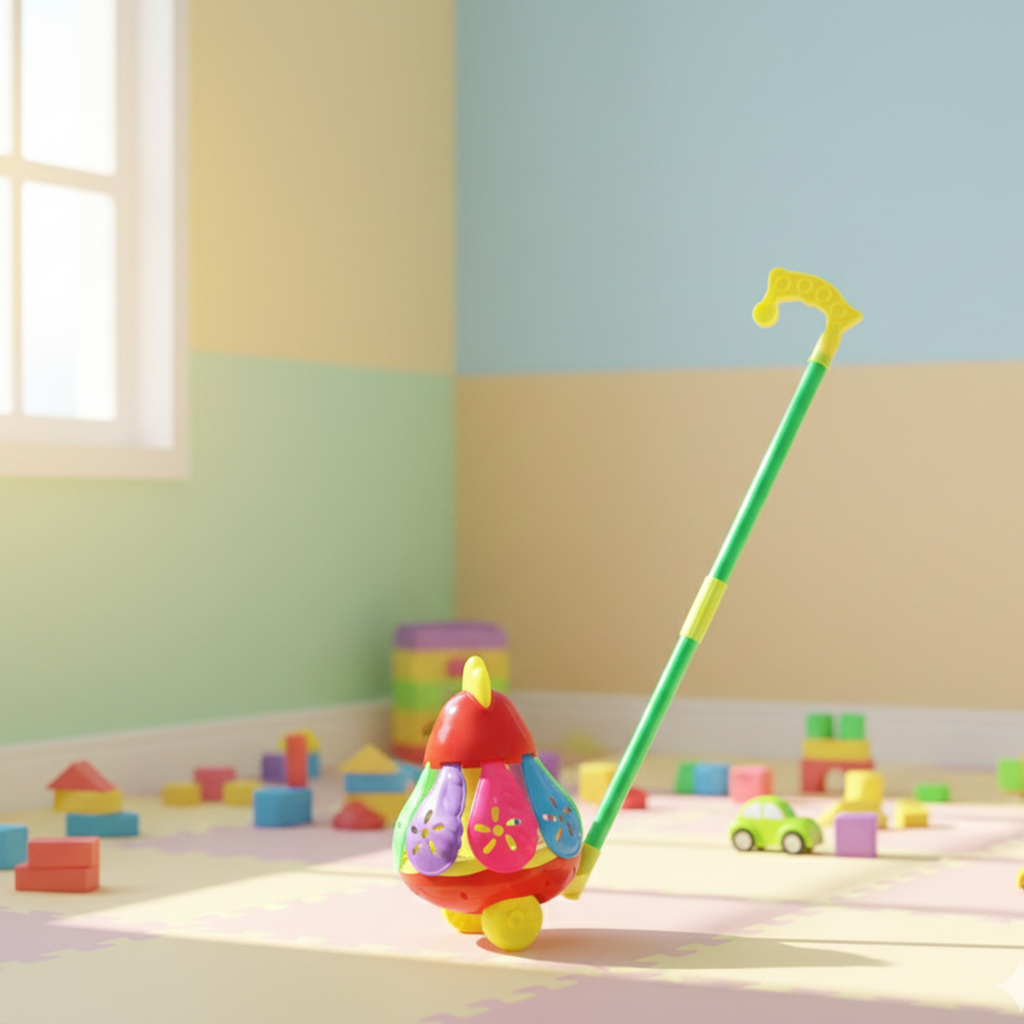 Rear angle of toddler push toy chicken with bright colors