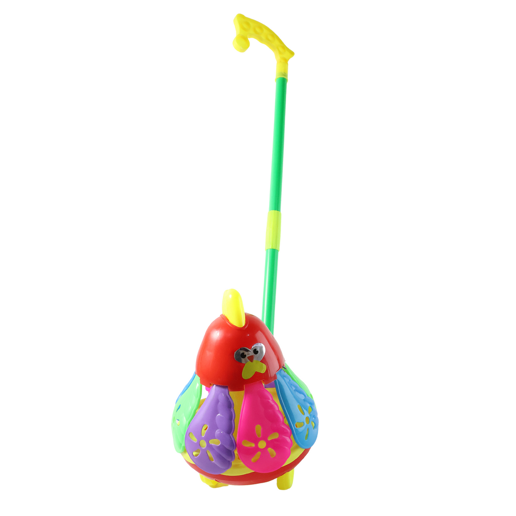 Side view of colorful chicken push toy promoting active play for toddlers