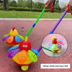 Brightly colored chicken push toy designed for toddlers' motor skill development