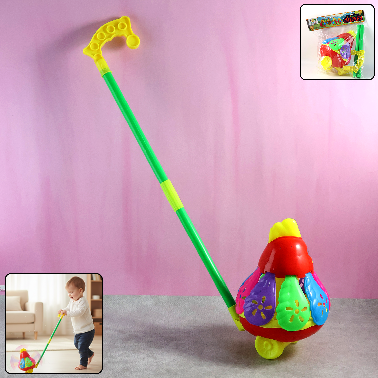 Vibrant chicken push toy for toddlers with rolling sound and interactive features