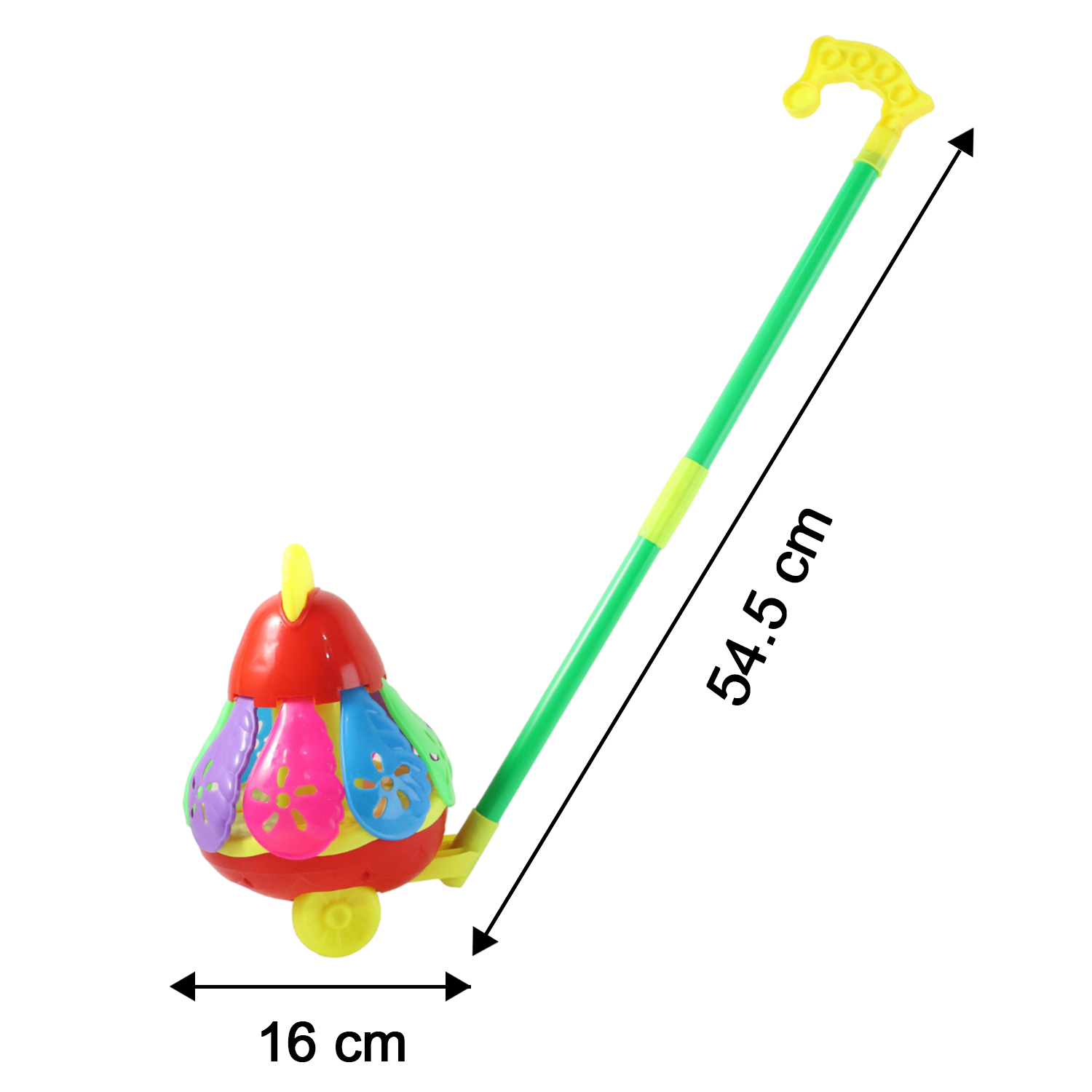 Size chart display of toddler chicken push toy dimensions