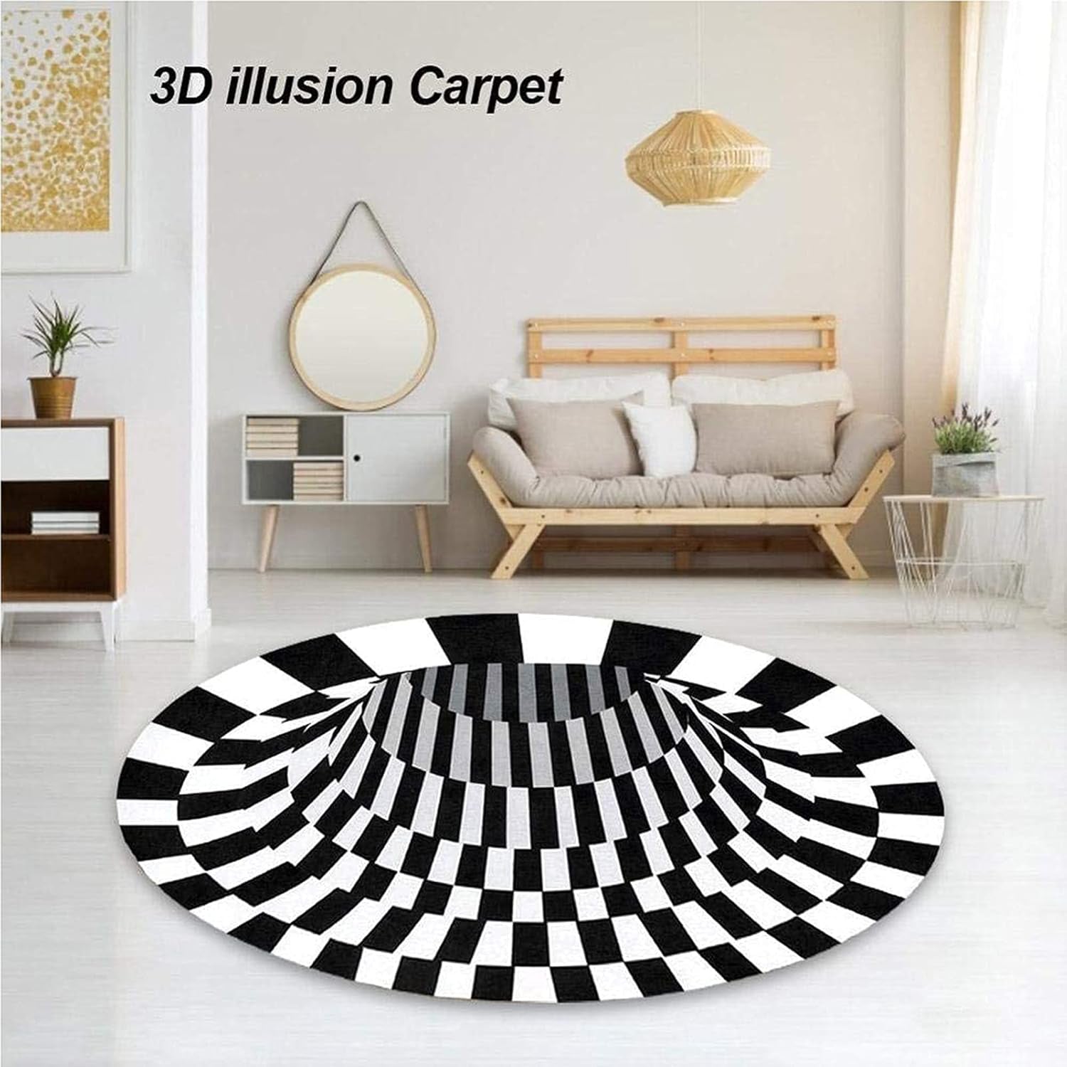 Round 3D optical illusion carpet with black and white pattern