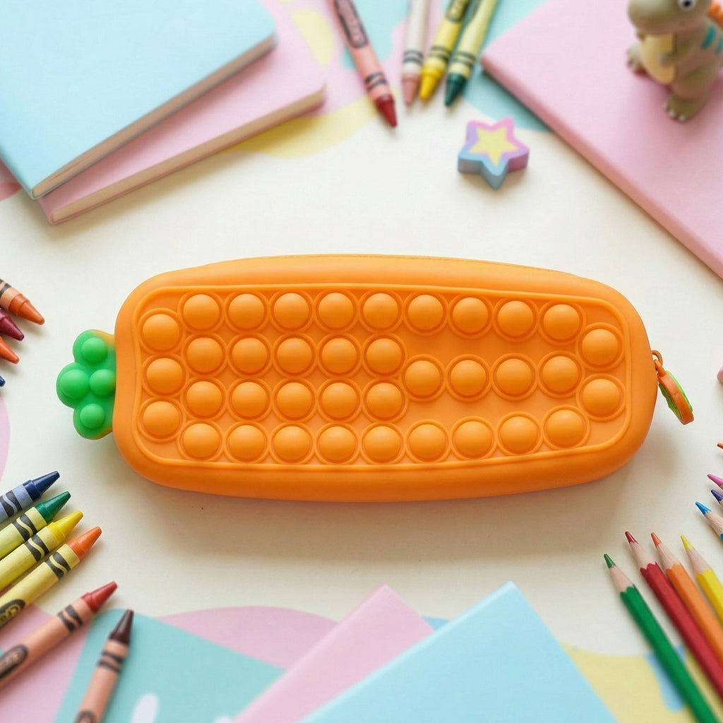 Tactile Pop It surface on silicone pencil pouch