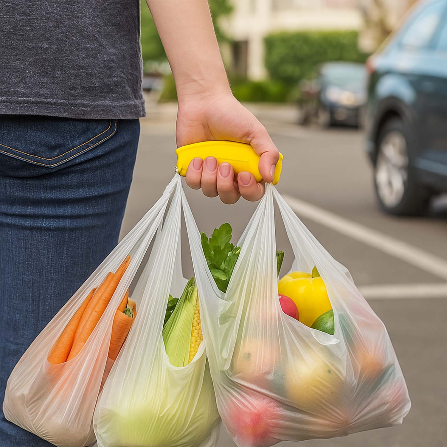 Hand demonstrating comfortable grip on the Silicone Bag Carrier while holding bags.