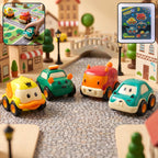 Four mini animal-themed pull-back toy cars from Funwoods set arranged together