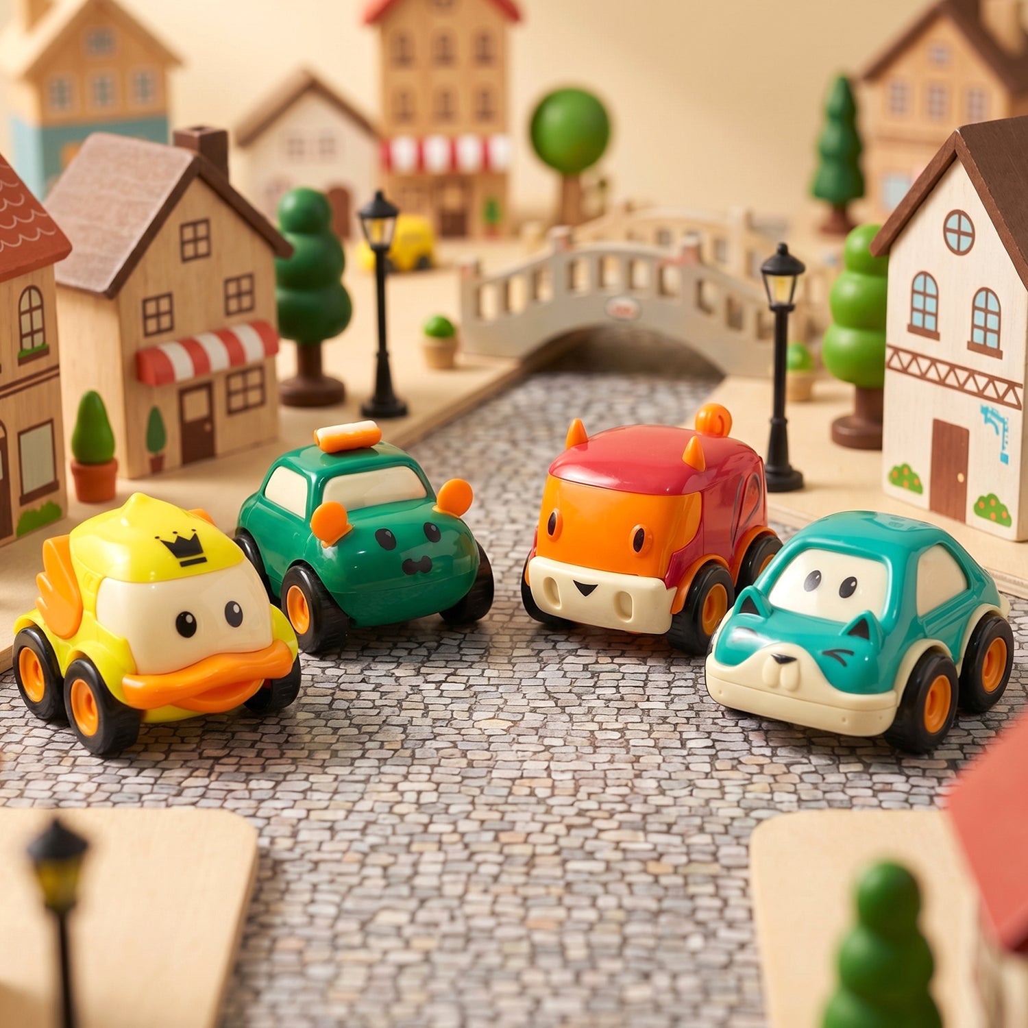 Funwoods animal pull-back toy cars captured in motion during play