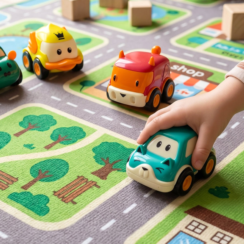 Top angle shot of the complete Funwoods animal pull-back toy car 4-pack set