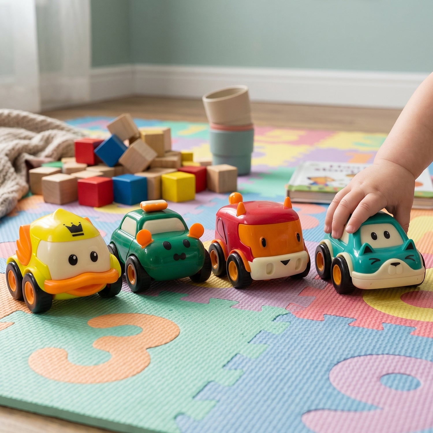Front view of Animal Cartoon Pull-Back Toy Car Set with four vibrant mini cars