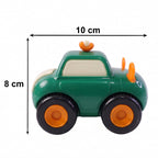 Back view of Funwoods animal cartoon pull-back toy cars revealing vibrant colours