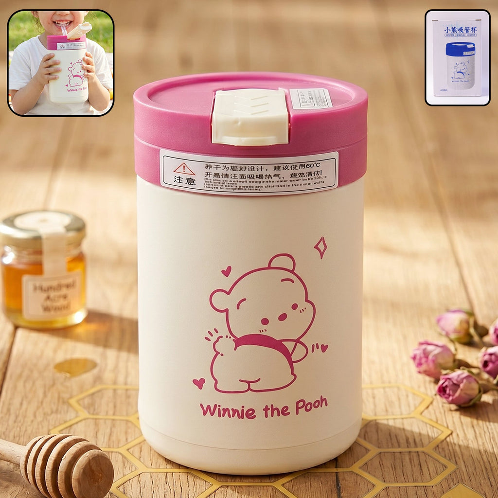 Cute pink cartoon printed glass tumbler with lid and straw for kids