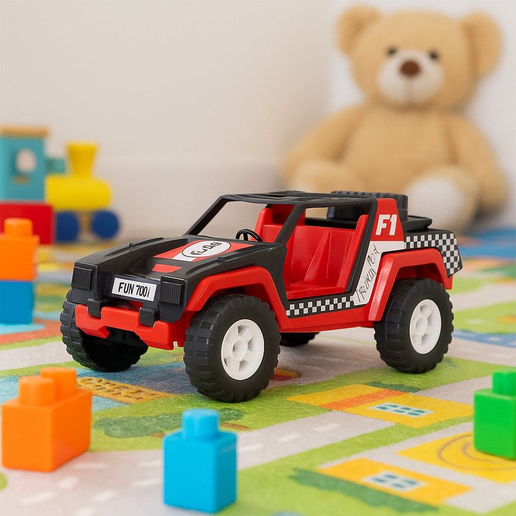 Funwoods racing jeep toy car placed on a white background
