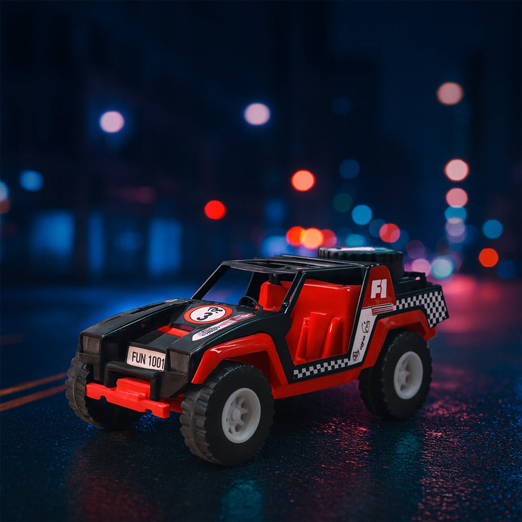 Close-up view of child-safe materials on Funwoods Free-Wheel Racing Jeep Toy Car