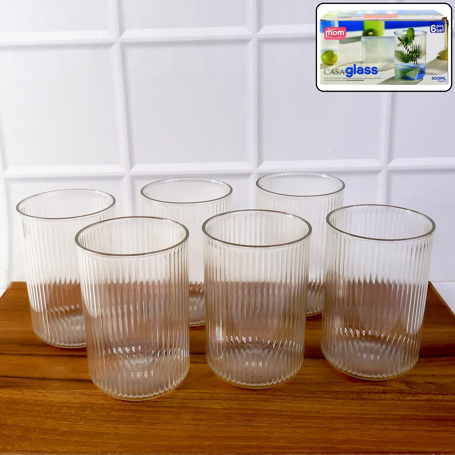 Supermom Plastic Glass Set with six tall ribbed 300ml glasses
